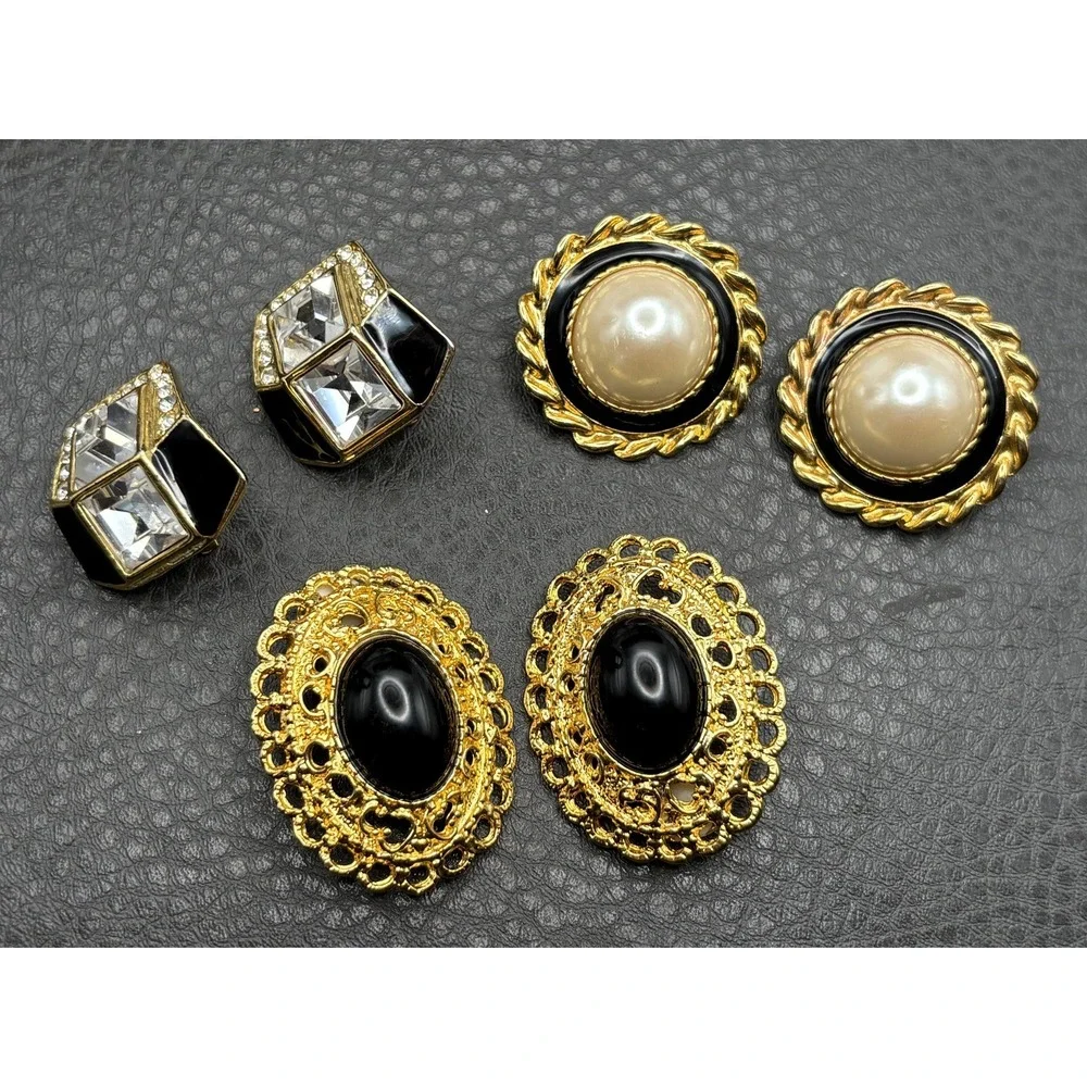 Vintage Park Lane Lot 3 Pairs Clip-On Earrings Black Enamel Pearl Rhinestone